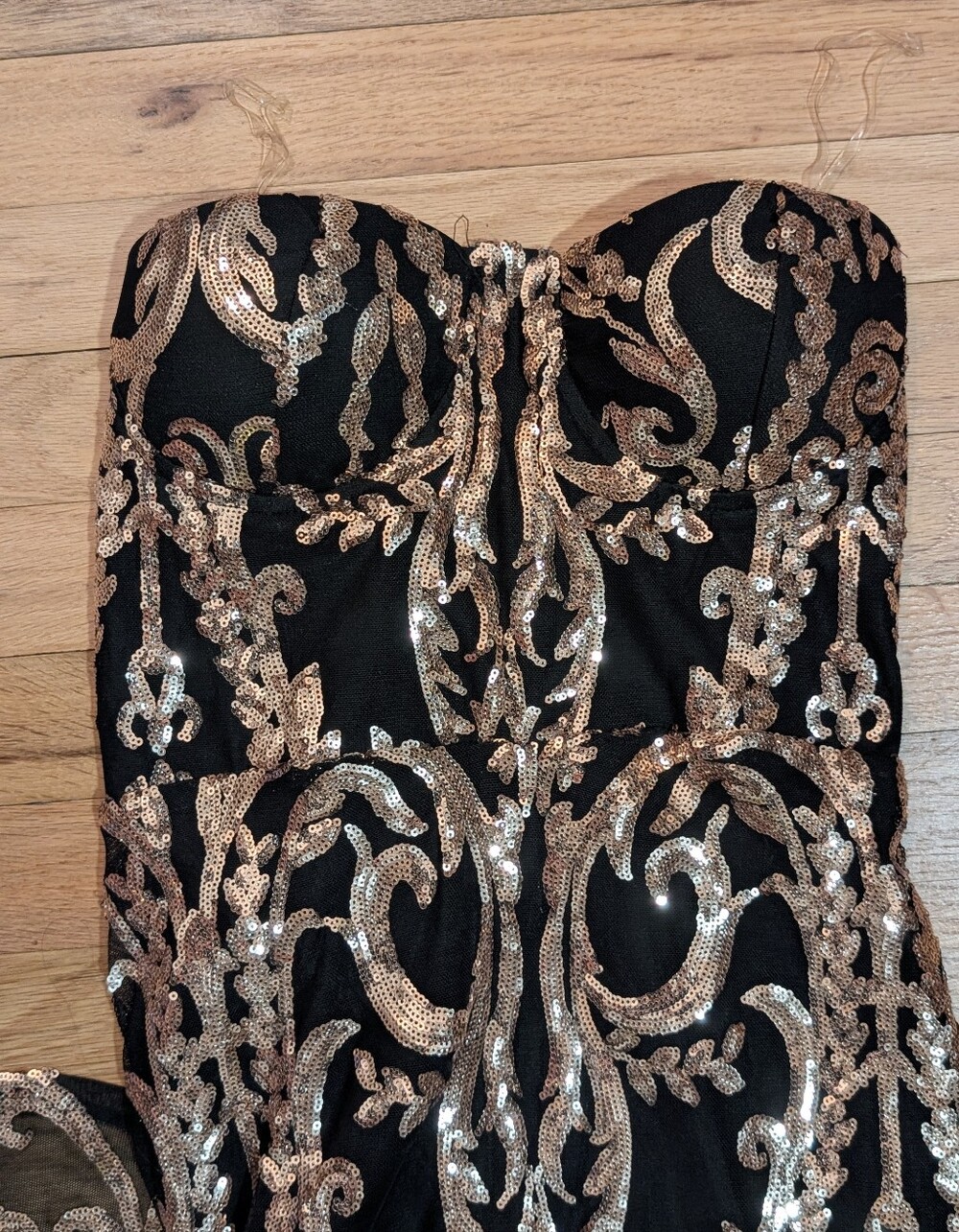 Black Strapless Sequin Gown with Gold Scroll Embroidery
